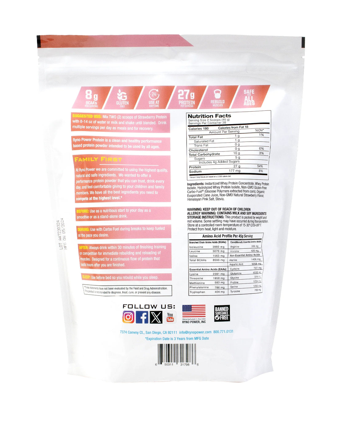 Ryno Power - Strawberry Whey Protein Powder