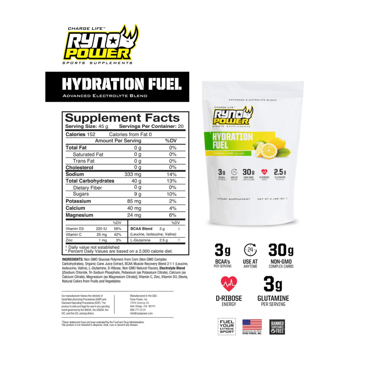 Ryno Power Hydration Fuel Lemon-Lime 2lb 20 Servings - MOTODLVRD